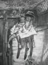 Drawing of two children reading a book